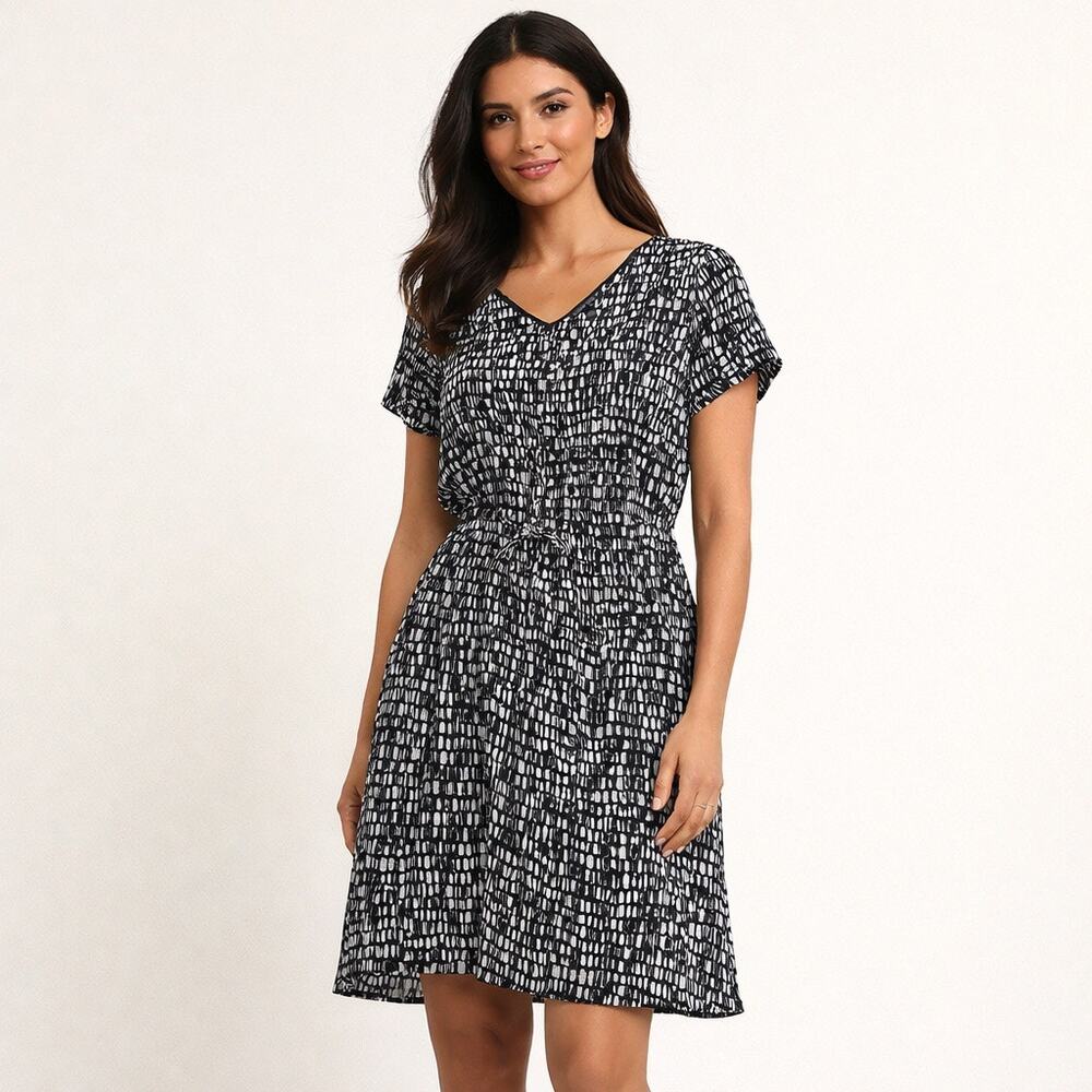 Eileen Fisher Seragilo Silk Mini Dress Drawstring Geometric Elevated Staple M